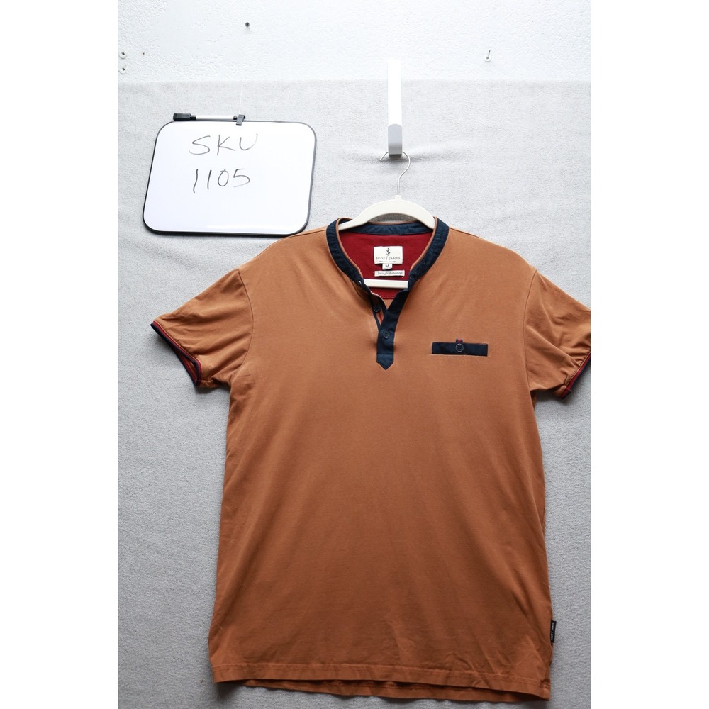 Scott James Henley Shirt Mens M Brown Short Sleeve Contrast Collar Cotton Blend